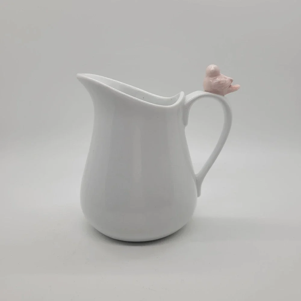 Cordon Bleu BIA White Ceramic Creamer Pitcher with Pink Bird Figurine Handle